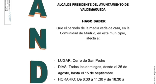Bando: fechas periodo de media veda de caza en el municipio